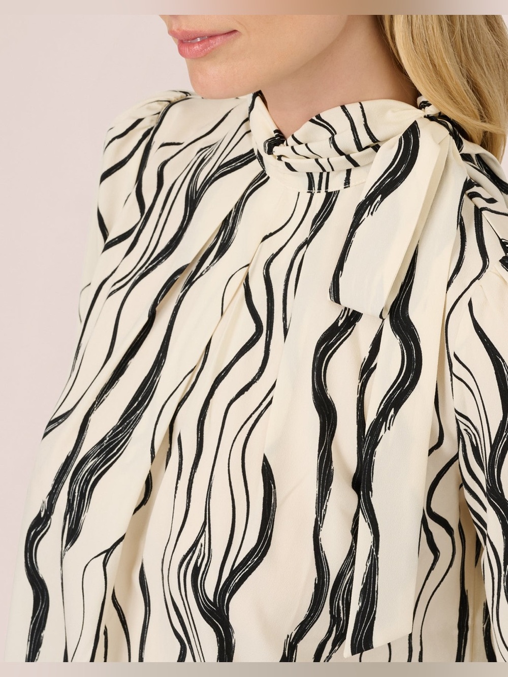 Adrianna Papell Ivory & Black Abstract Brush Tie-Neck Blouse | Small - Picture 4 of 14